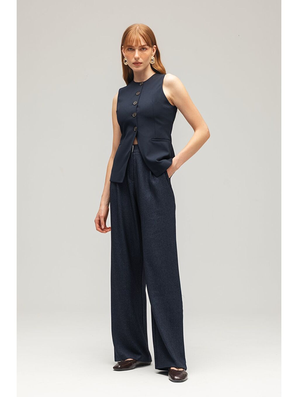 Lacivert Kadın Modern Fit Düz Kesim Düğmeli Dokuma Yelek-3