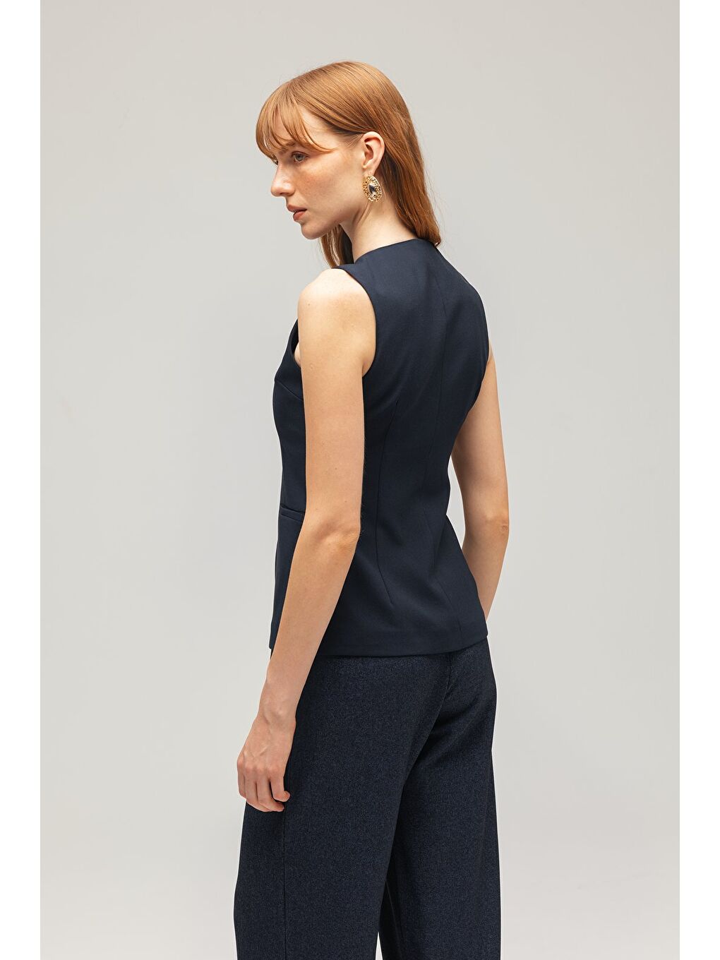 Lacivert Kadın Modern Fit Düz Kesim Düğmeli Dokuma Yelek-4