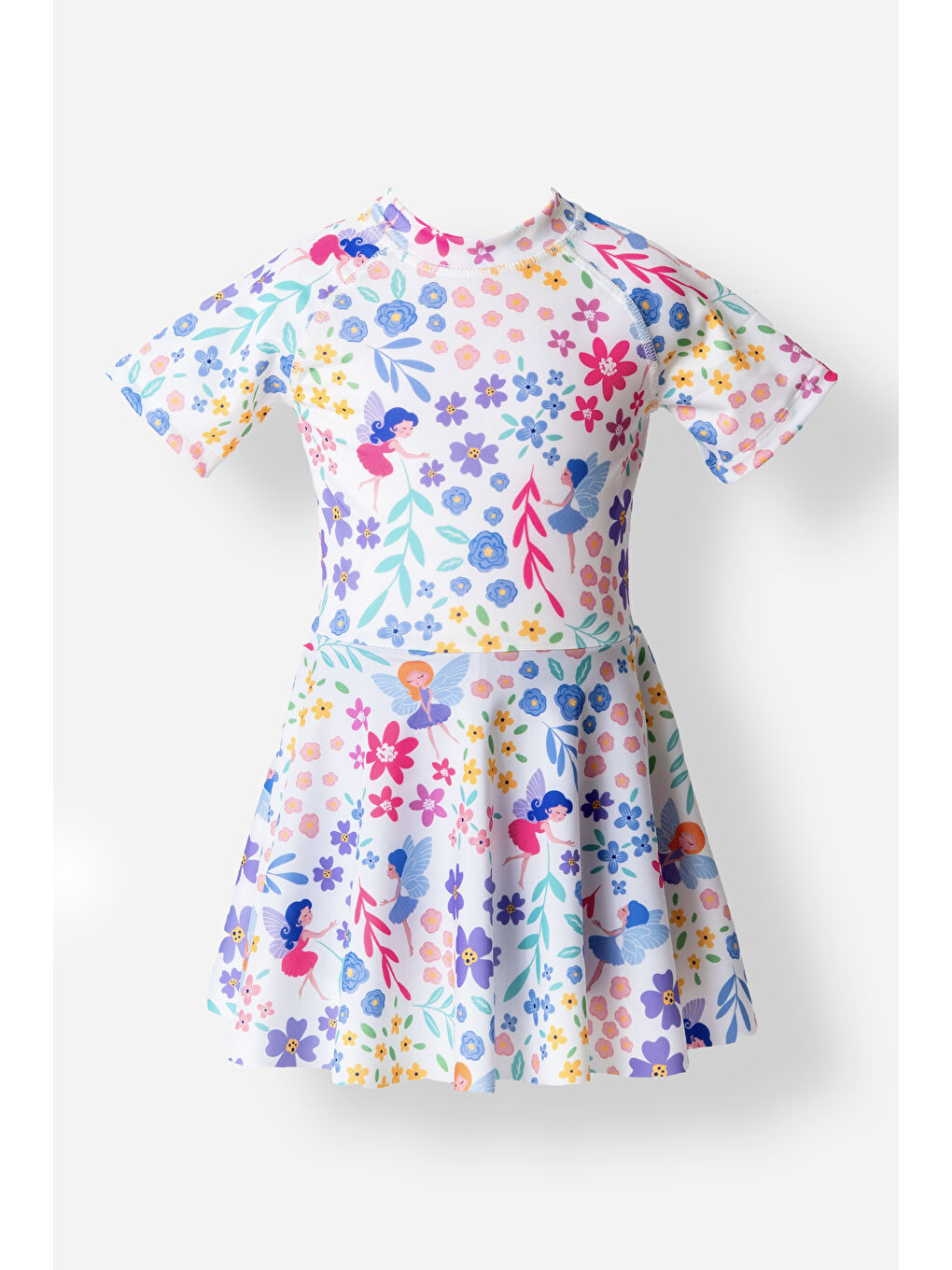 UV Korumalı Kısa Kollu Şortlu Elbise Mayo Kız Çocuk Yüzücü Mayo 5228 Beyaz