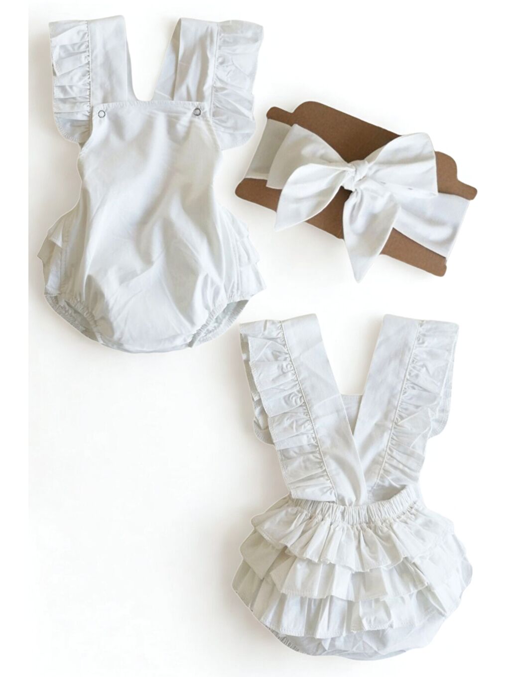Karışık Kız Bebek Beyaz Pamuklu Salopet Bandana Takım-6