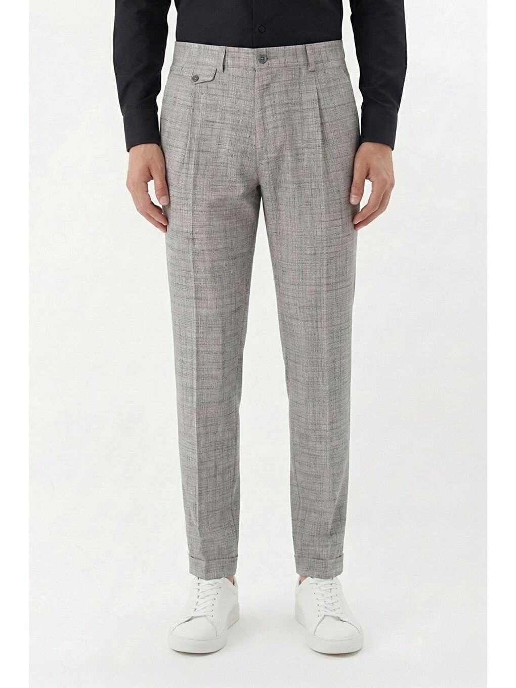 Giotelli Gri Slim Fit Desenli Duble Paça Dokuma Kumaş Normal Bel Standart Boy Erkek Klasik Pantolon