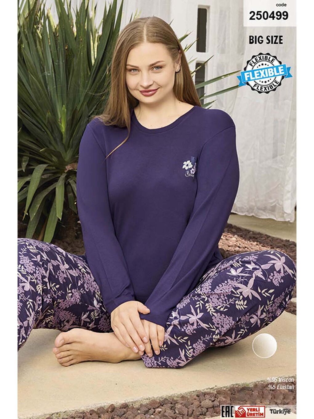 Büyük Beden Viskon Kadın Yazılı Uzun Kol Pijama Takımı 250499 Mor01-2