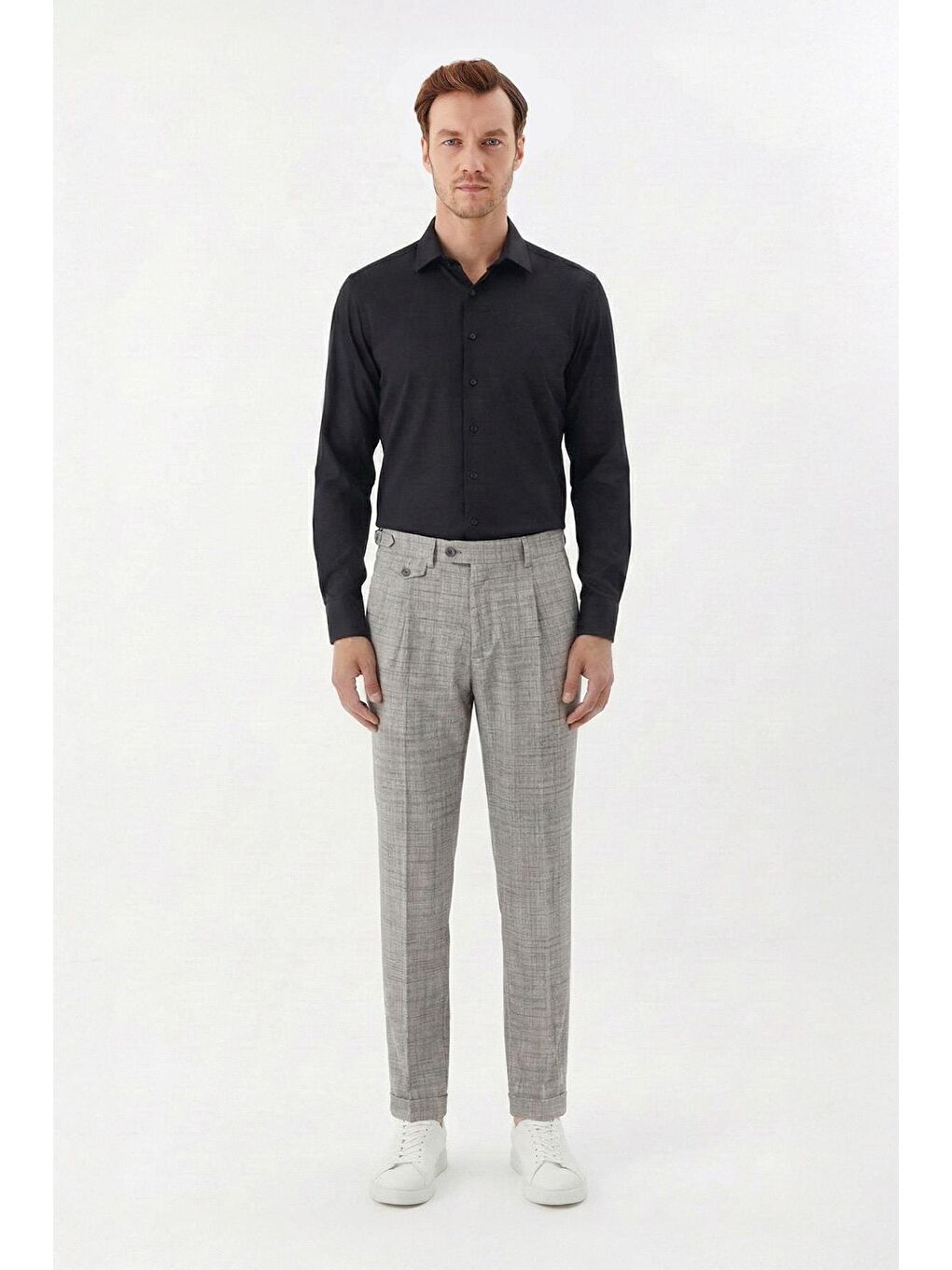 Giotelli Gri Slim Fit Desenli Duble Paça Dokuma Kumaş Normal Bel Standart Boy Erkek Klasik Pantolon-1