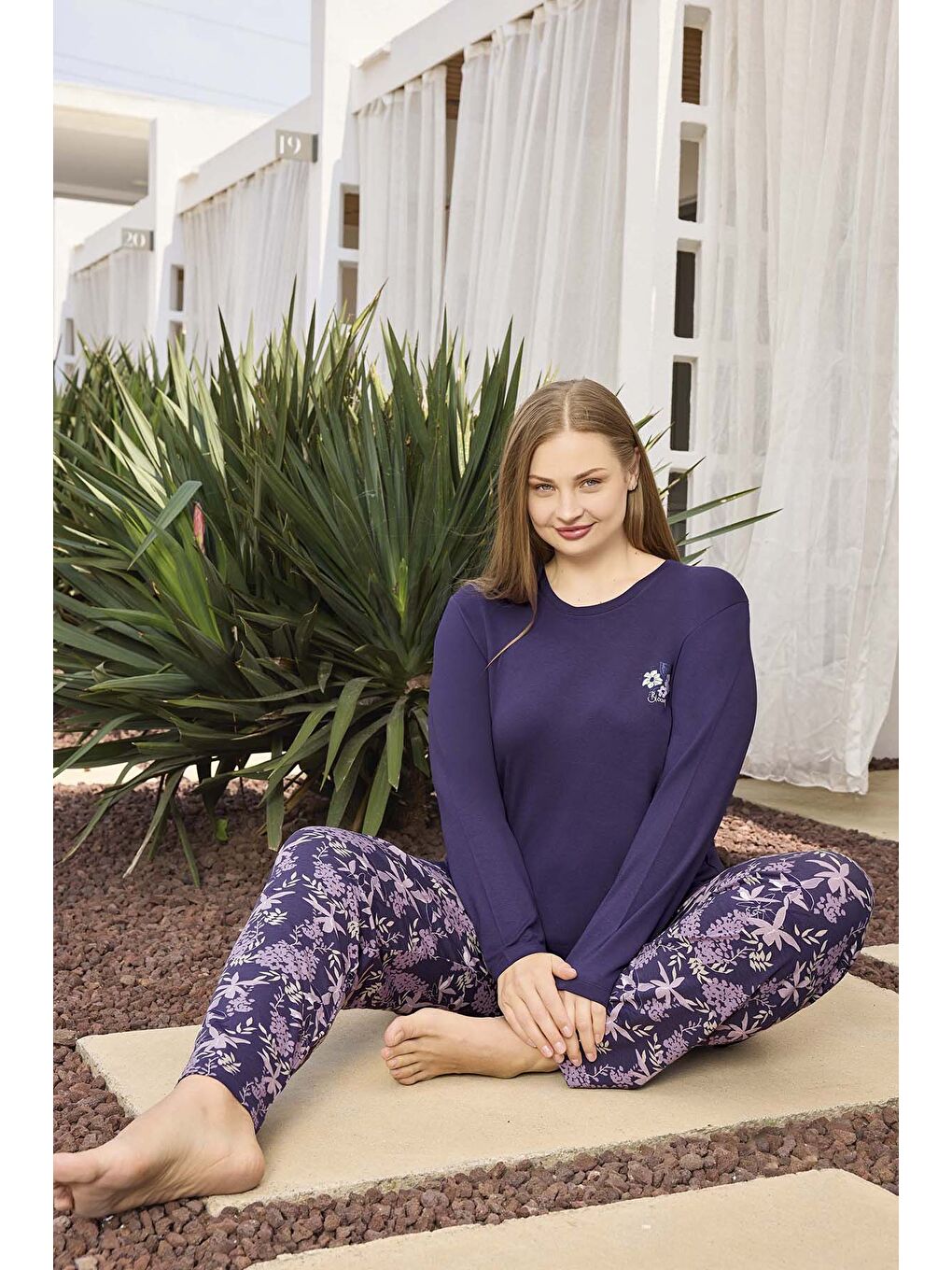 Büyük Beden Viskon Kadın Yazılı Uzun Kol Pijama Takımı 250499 Mor01-3