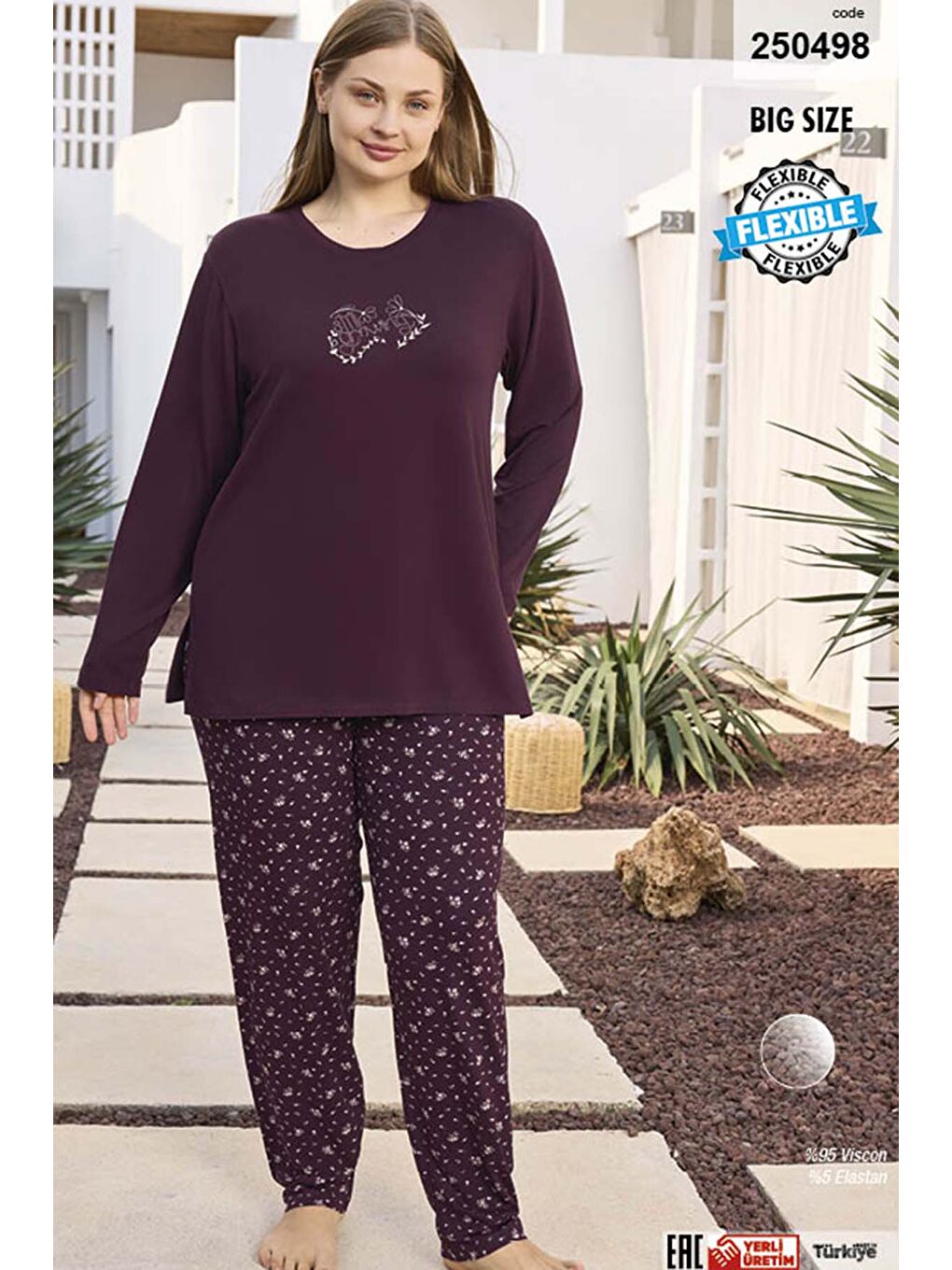 Büyük Beden Viskon Kadın Uzun Kol Pijama Takımı 250498 Mürdüm02-2