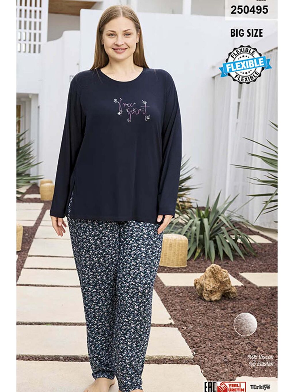 Lacivert Büyük Beden Viskon Kadın Uzun Kol Pijama Takımı 250495 Laci02-2