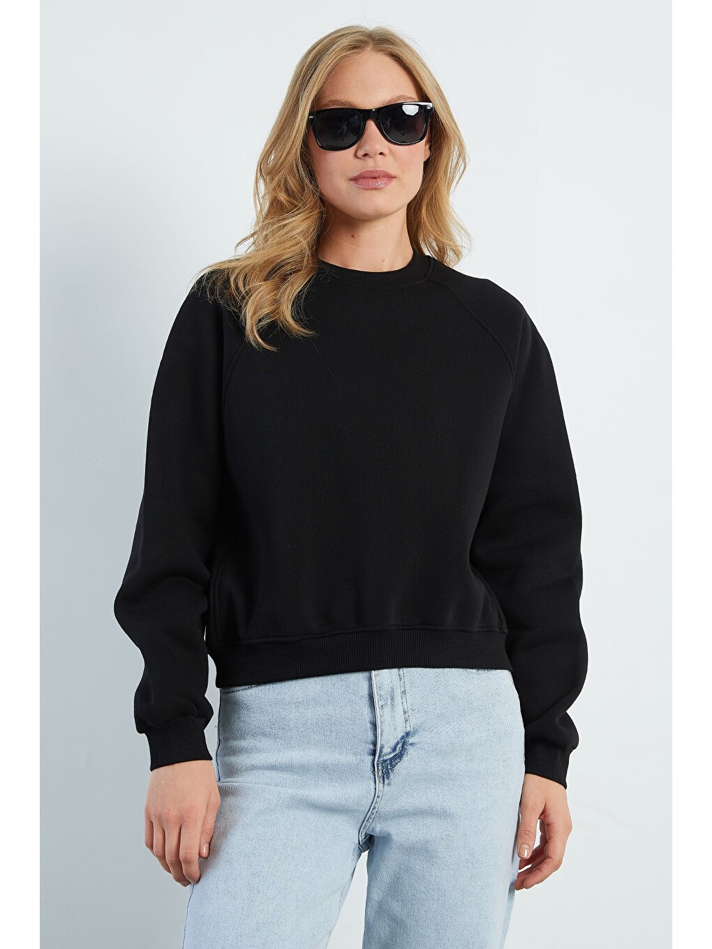 Siyah 3 İplik Basic Bisiklet Yaka Oversize Sweatshirt