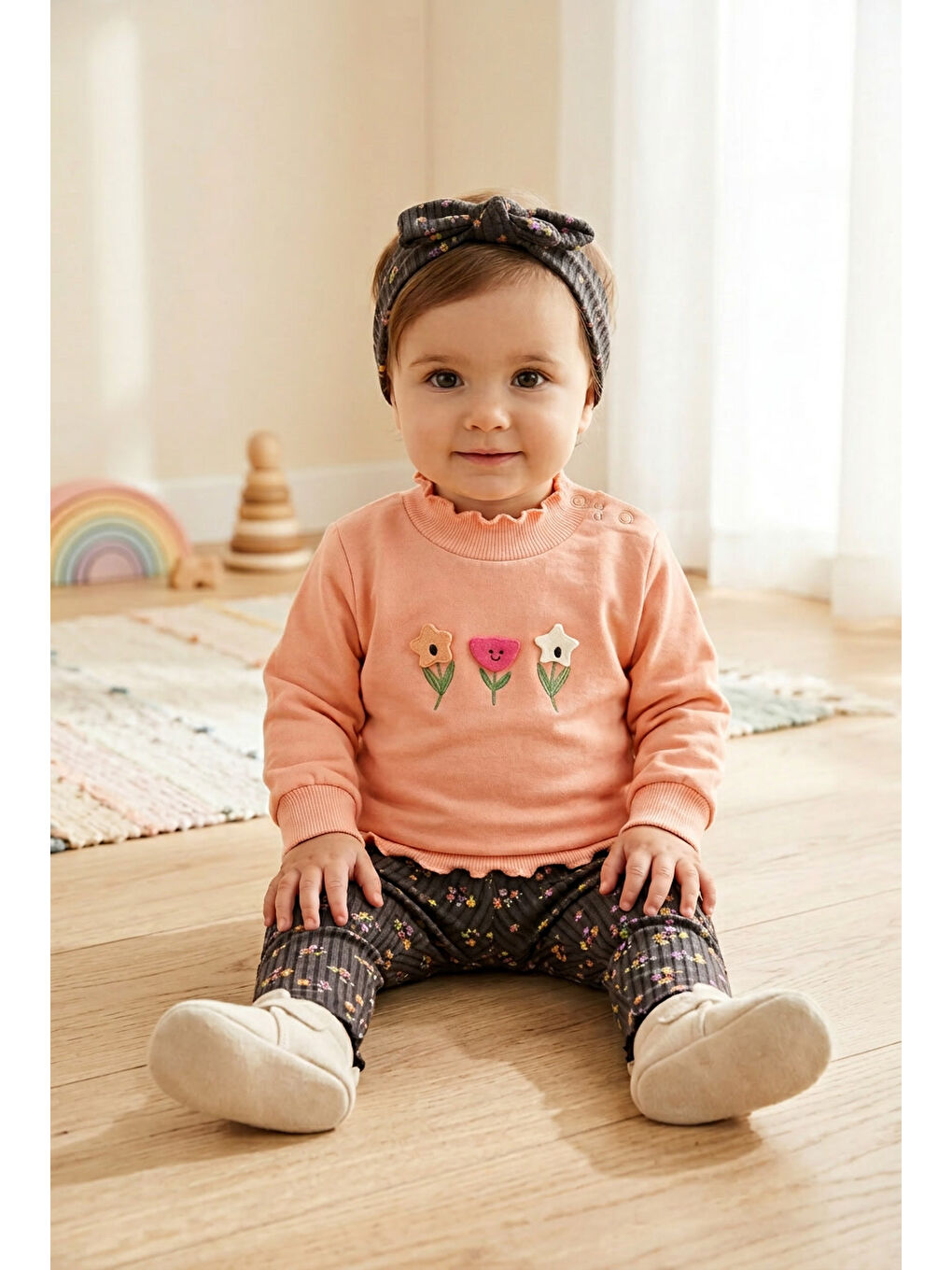 Pembe Kız Bebek Pamuklu Eşofman Takımı Saç Bandanalı İki İplik Rahat Kalıp-1