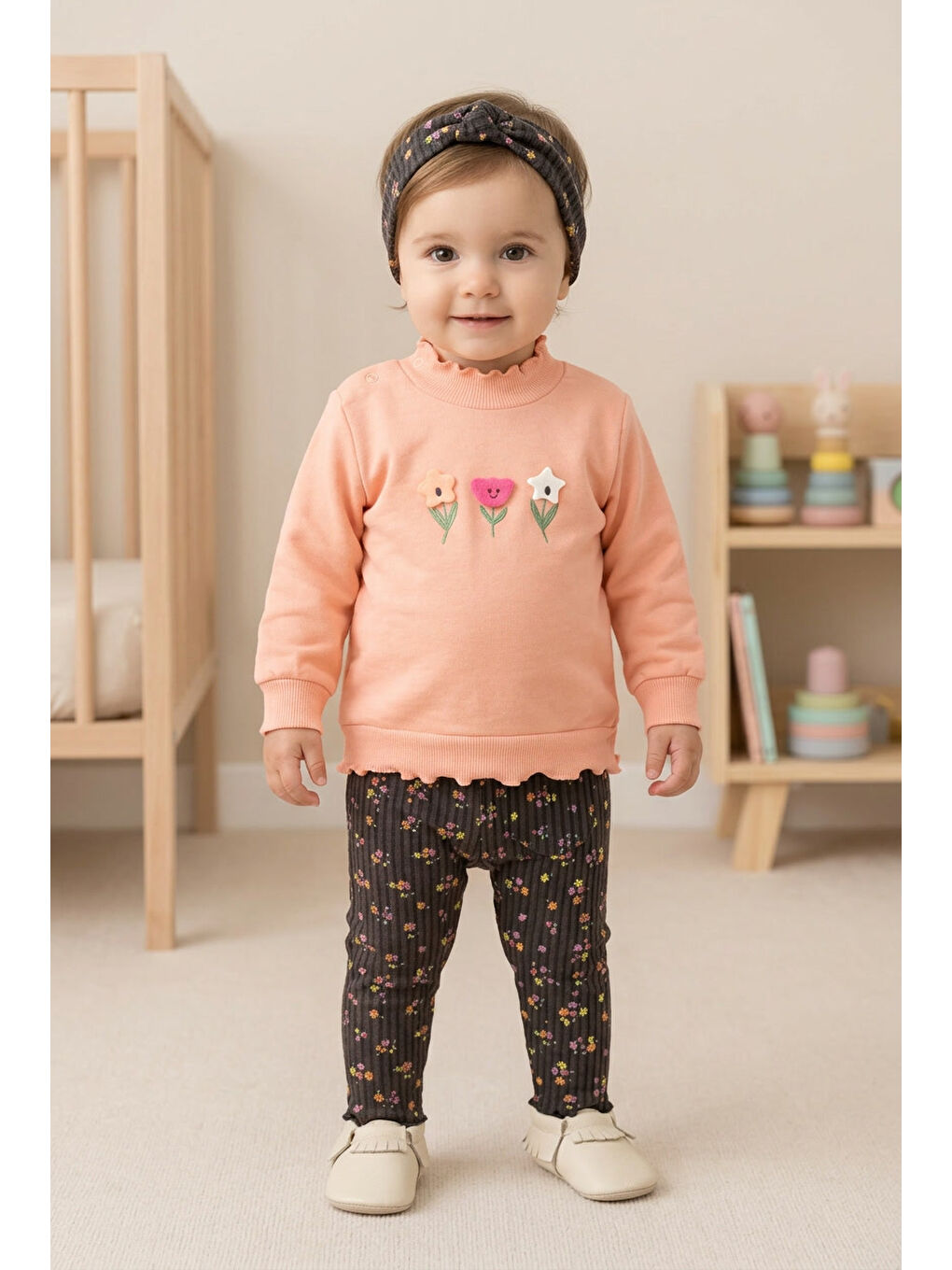 Pembe Kız Bebek Pamuklu Eşofman Takımı Saç Bandanalı İki İplik Rahat Kalıp-2