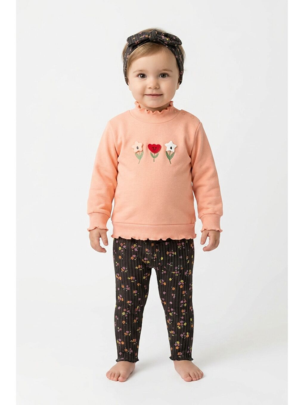 Pembe Kız Bebek Pamuklu Eşofman Takımı Saç Bandanalı İki İplik Rahat Kalıp-3