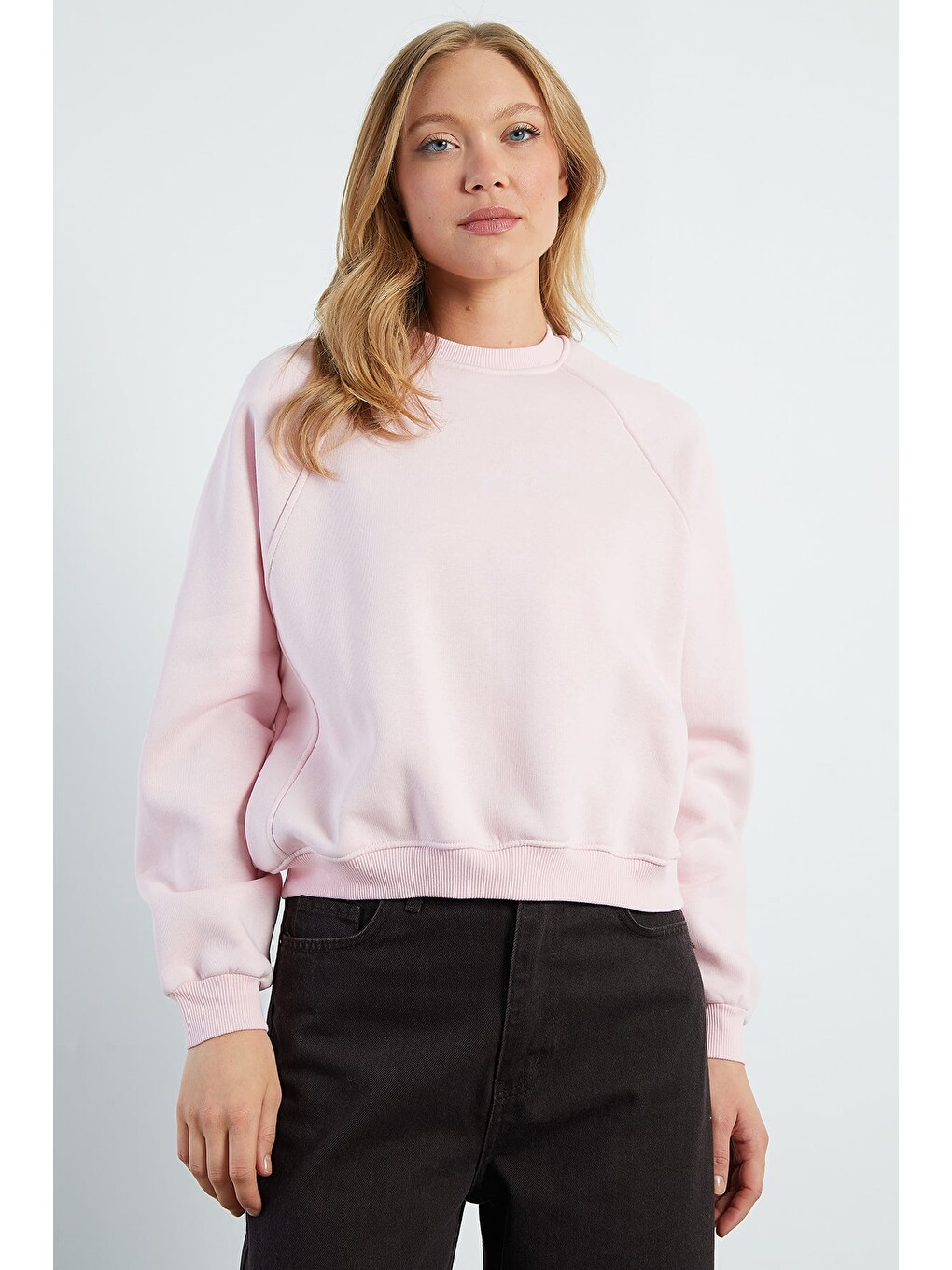 Pembe 3 İplik Basic Bisiklet Yaka Oversize Sweatshirt-1