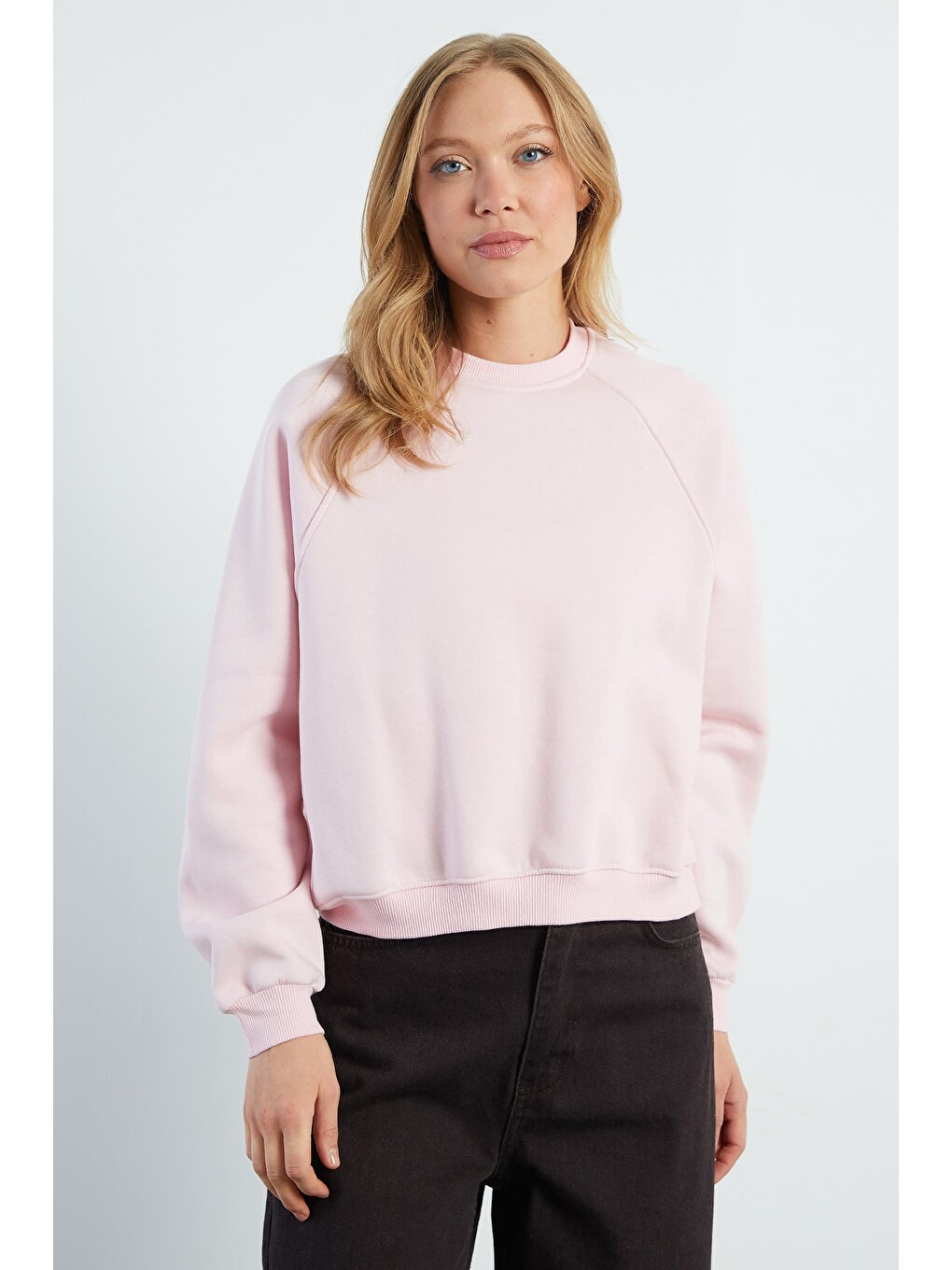 Pembe 3 İplik Basic Bisiklet Yaka Oversize Sweatshirt-3