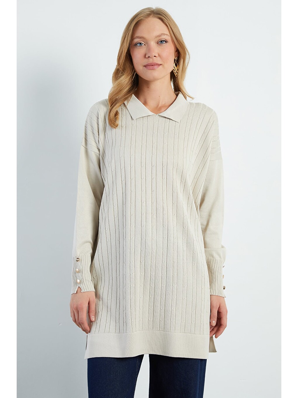 Bej Fullamodest Jakarlı Polo Yaka Tunik