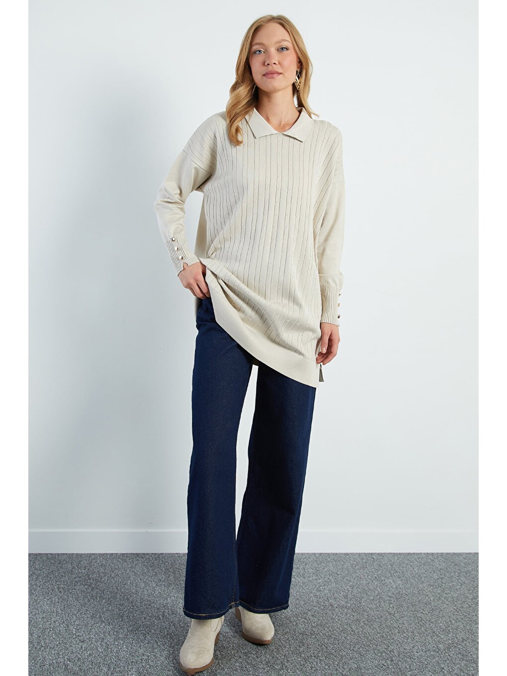 Bej Fullamodest Jakarlı Polo Yaka Tunik-1