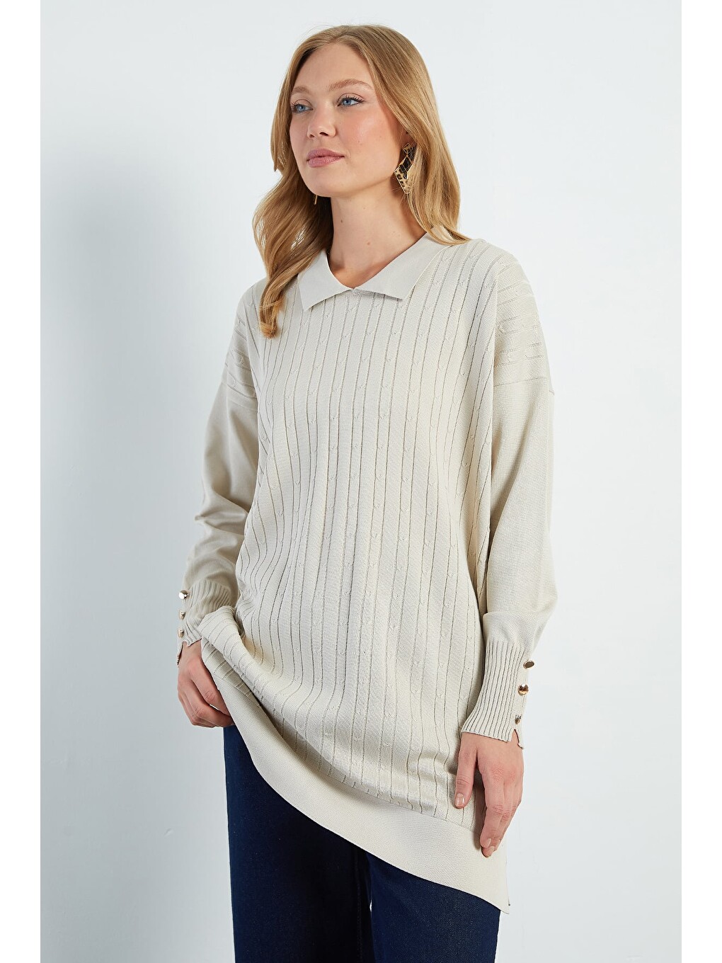 Bej Fullamodest Jakarlı Polo Yaka Tunik-2
