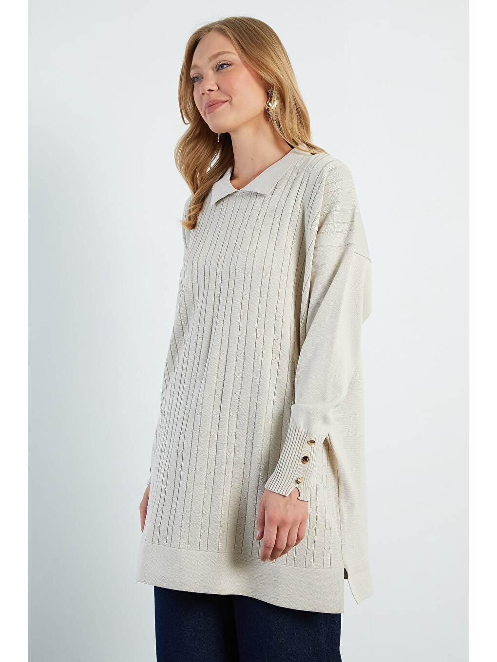 Bej Fullamodest Jakarlı Polo Yaka Tunik-3