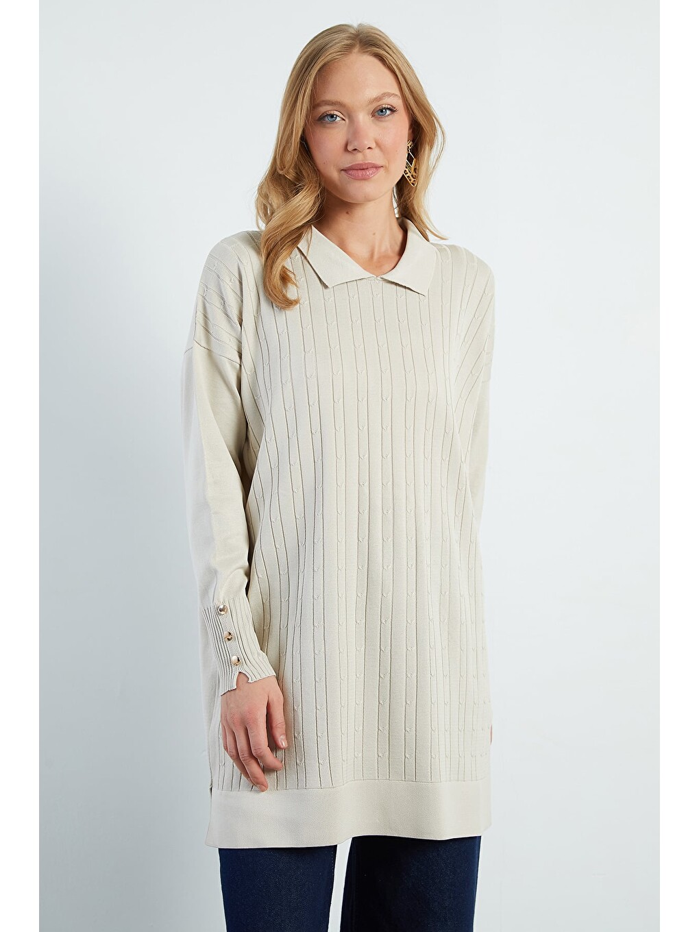 Bej Fullamodest Jakarlı Polo Yaka Tunik-4