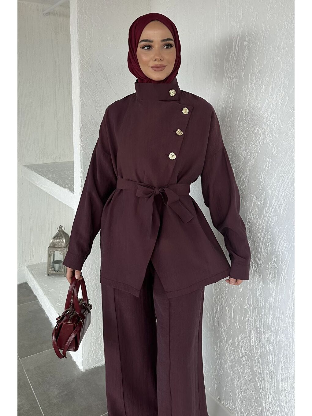Bordo Düğme Detaylı Kuşaklı Tunik Pantolon Tesettür İkili Takım-3