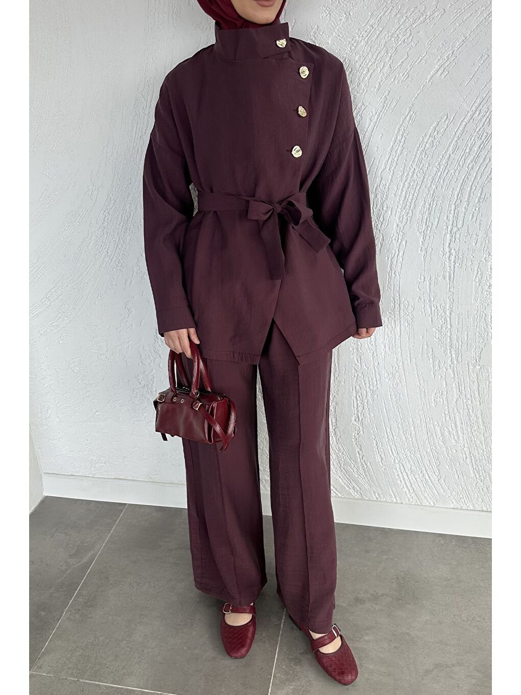 Bordo Düğme Detaylı Kuşaklı Tunik Pantolon Tesettür İkili Takım-4