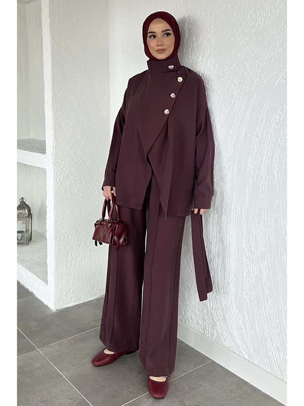 Bordo Düğme Detaylı Kuşaklı Tunik Pantolon Tesettür İkili Takım-6