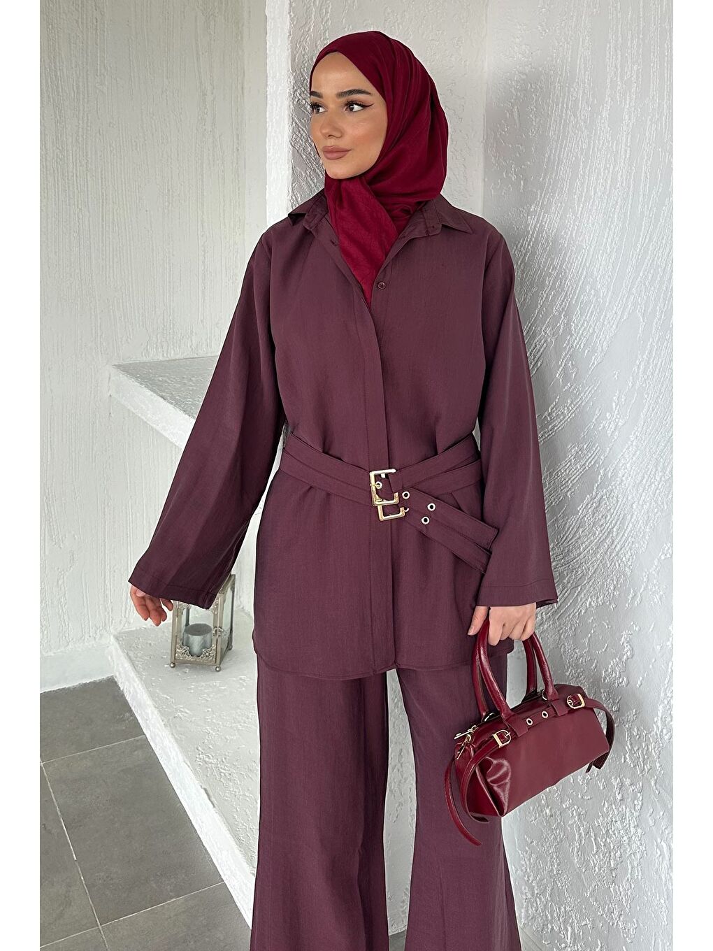 Bordo Bel Çift Kemerli Tunik Pantolon Tesettür İkili Takım-2