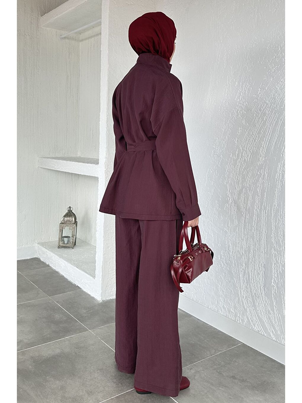 Bordo Düğme Detaylı Kuşaklı Tunik Pantolon Tesettür İkili Takım-8