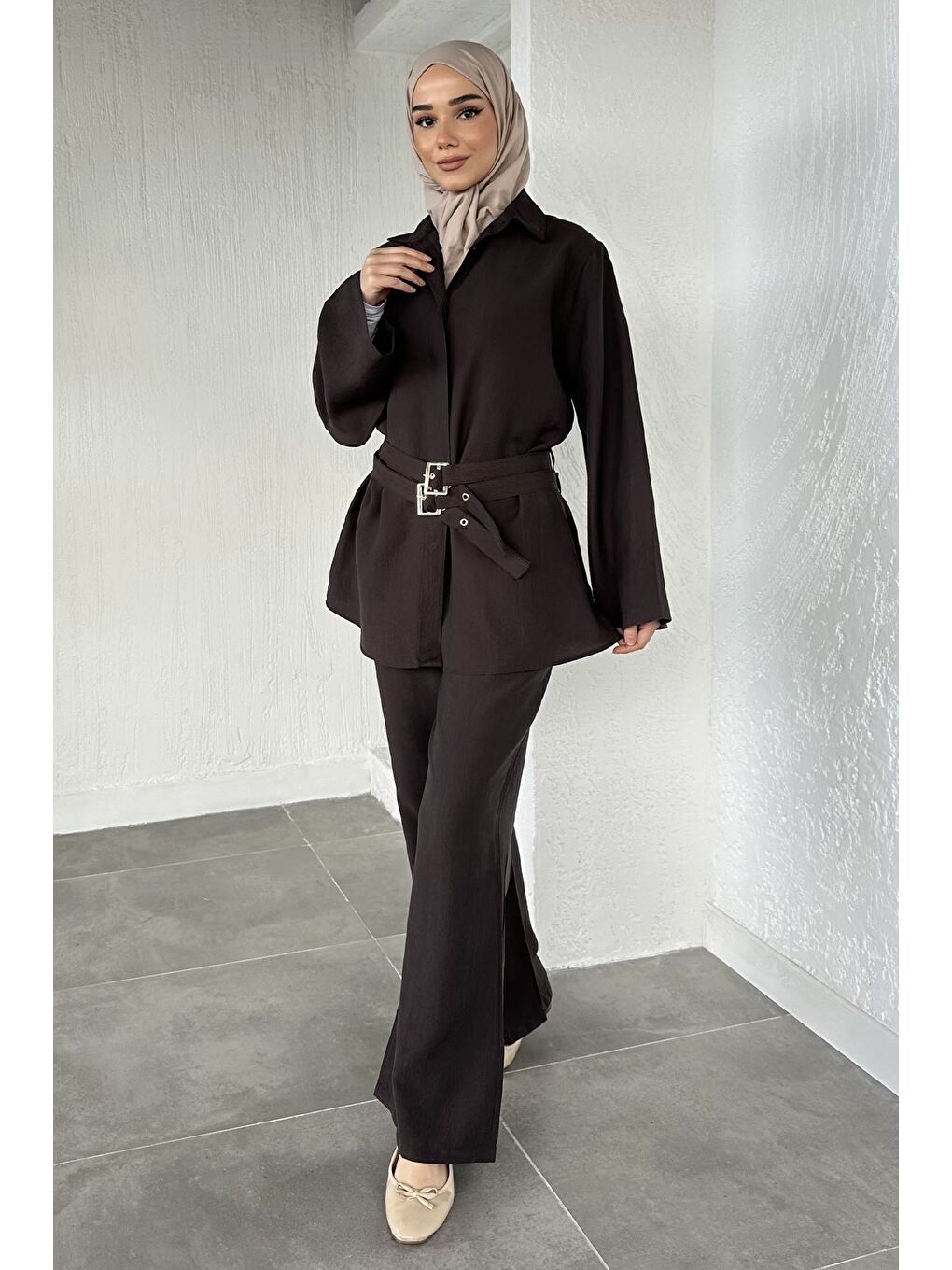 Kahverengi Bel Çift Kemerli Tunik Pantolon Tesettür İkili Takım-1