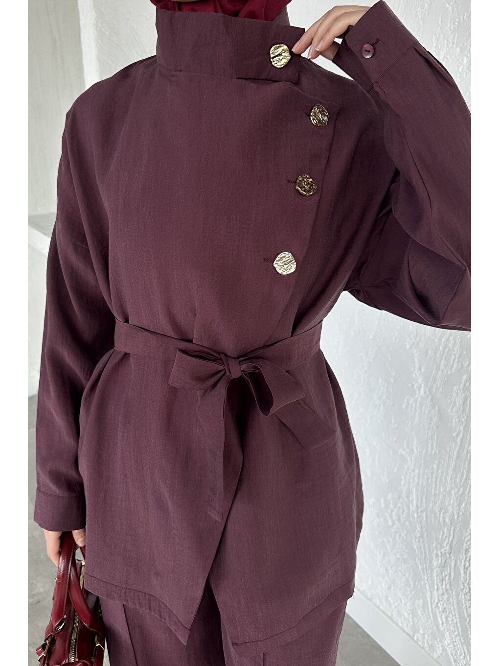 Bordo Düğme Detaylı Kuşaklı Tunik Pantolon Tesettür İkili Takım-10