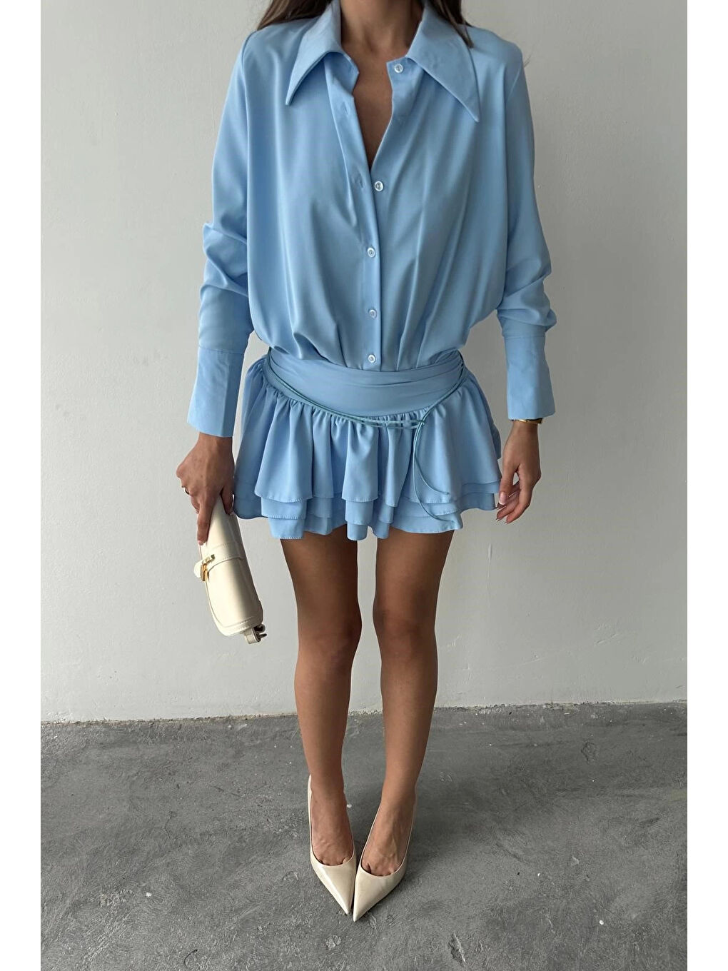 Karışık Kadın Mavi Gömlek Elbise 1026-221567-4