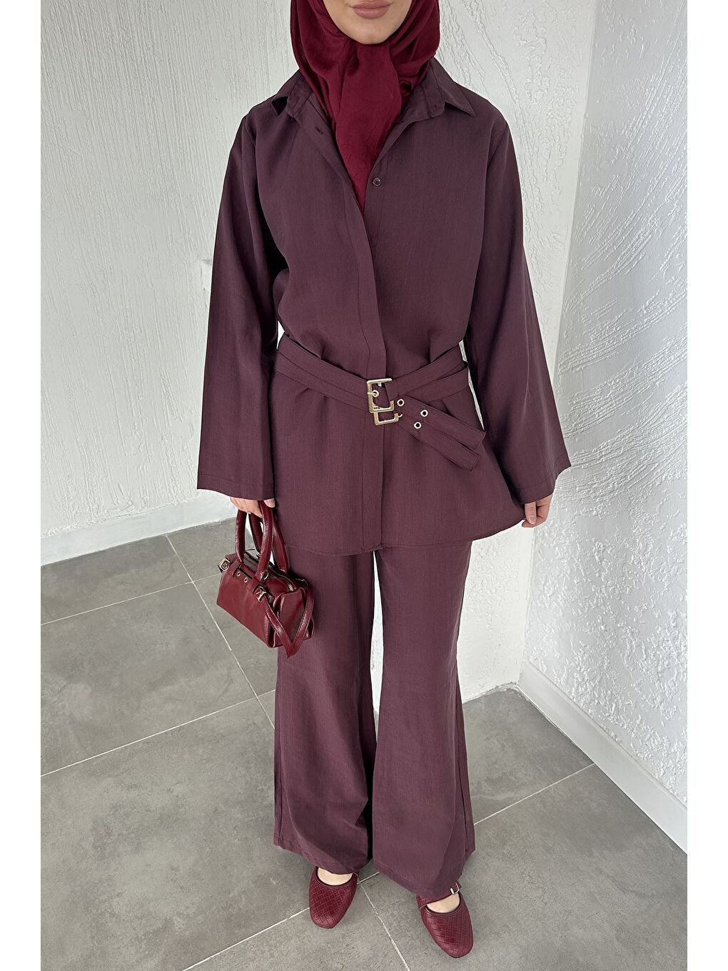 Bordo Bel Çift Kemerli Tunik Pantolon Tesettür İkili Takım-4