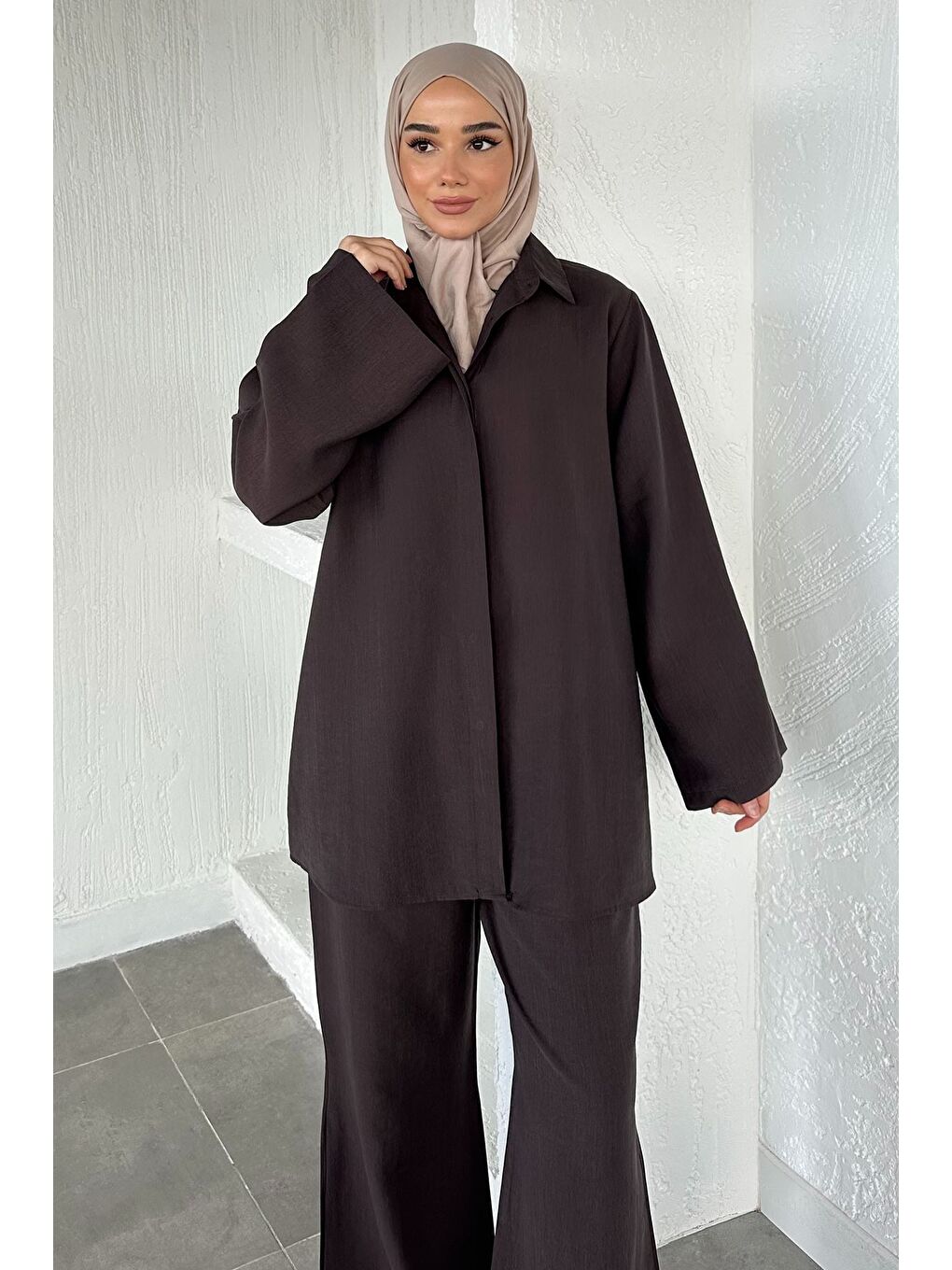Kahverengi Bel Çift Kemerli Tunik Pantolon Tesettür İkili Takım-3
