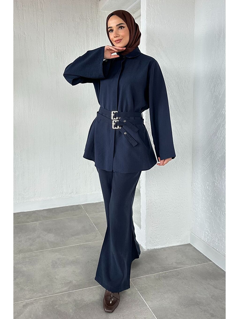 Lacivert Bel Çift Kemerli Tunik Pantolon Tesettür İkili Takım-1