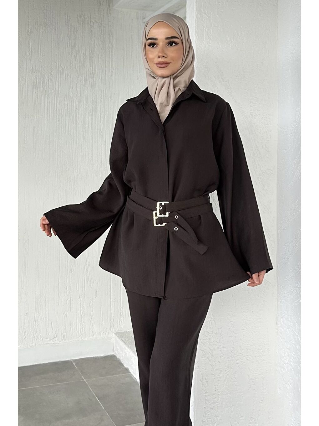 Kahverengi Bel Çift Kemerli Tunik Pantolon Tesettür İkili Takım-4