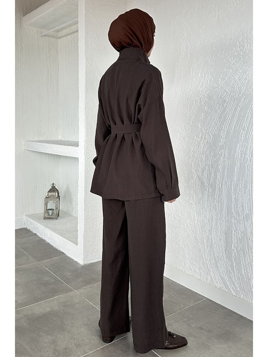 Kahverengi Düğme Detaylı Kuşaklı Tunik Pantolon Tesettür İkili Takım-7