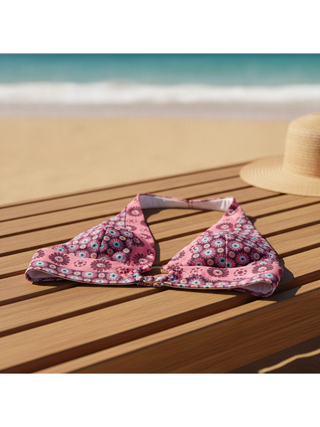 Karışık Kadın Plaj Giyim Gül Kurusu Çiçek Desenli Boyundan Geçmeli Bikini Üst Bb2559