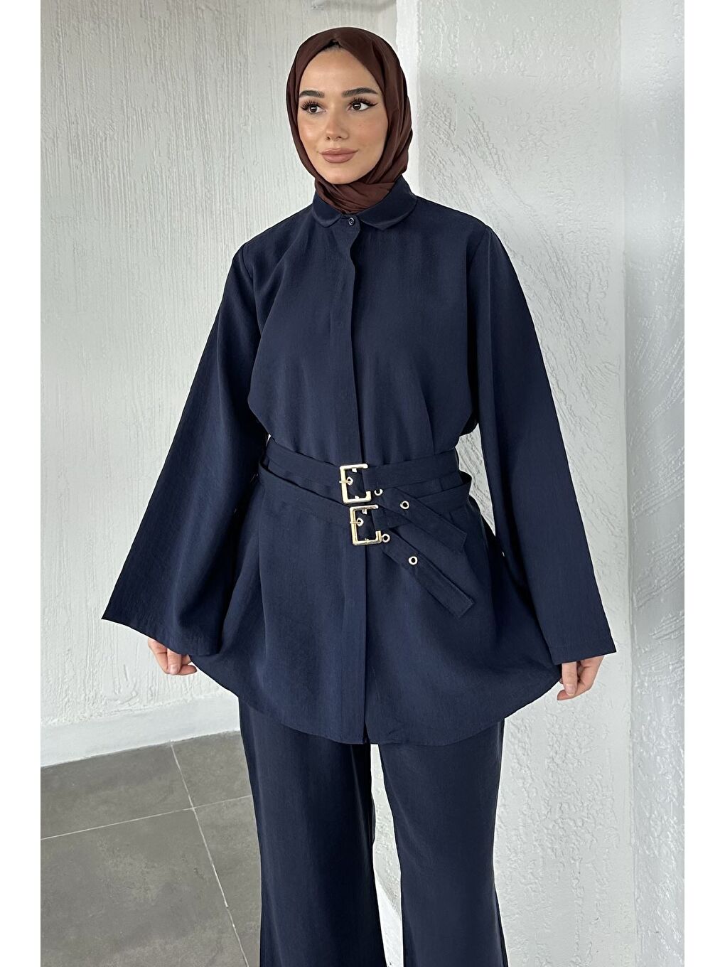 Lacivert Bel Çift Kemerli Tunik Pantolon Tesettür İkili Takım-5