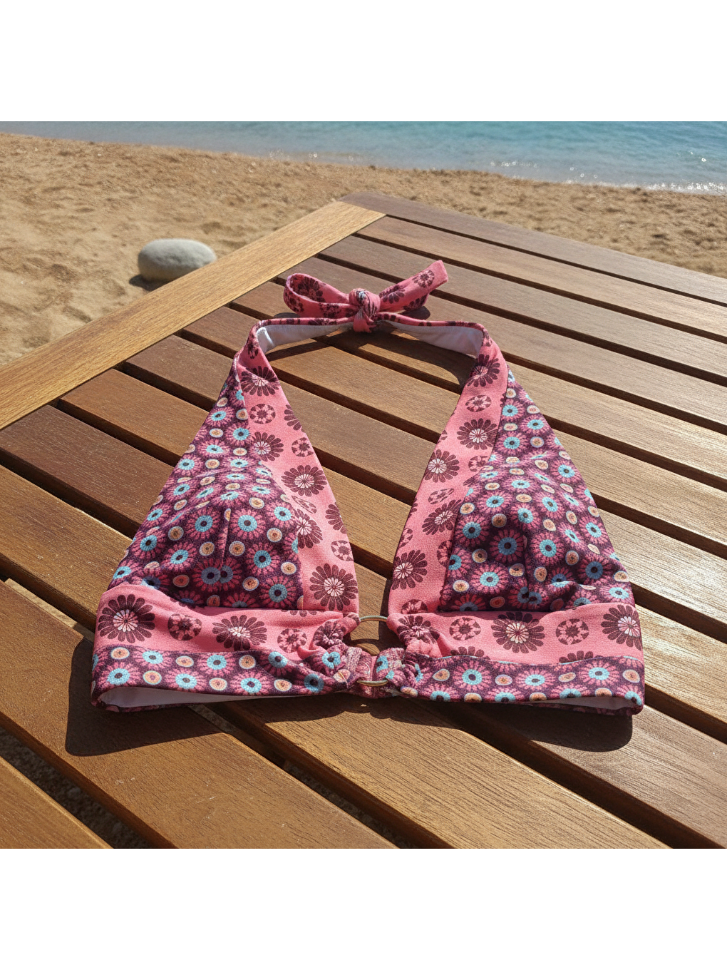 Karışık Kadın Plaj Giyim Gül Kurusu Çiçek Desenli Boyundan Geçmeli Bikini Üst Bb2559-1