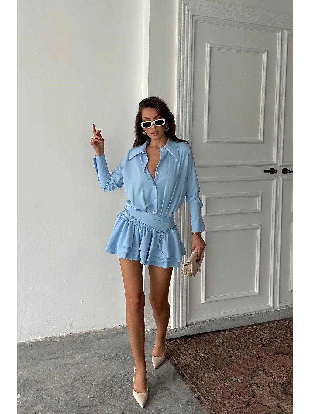 Karışık Kadın Mavi Gömlek Elbise 1026-221567-5