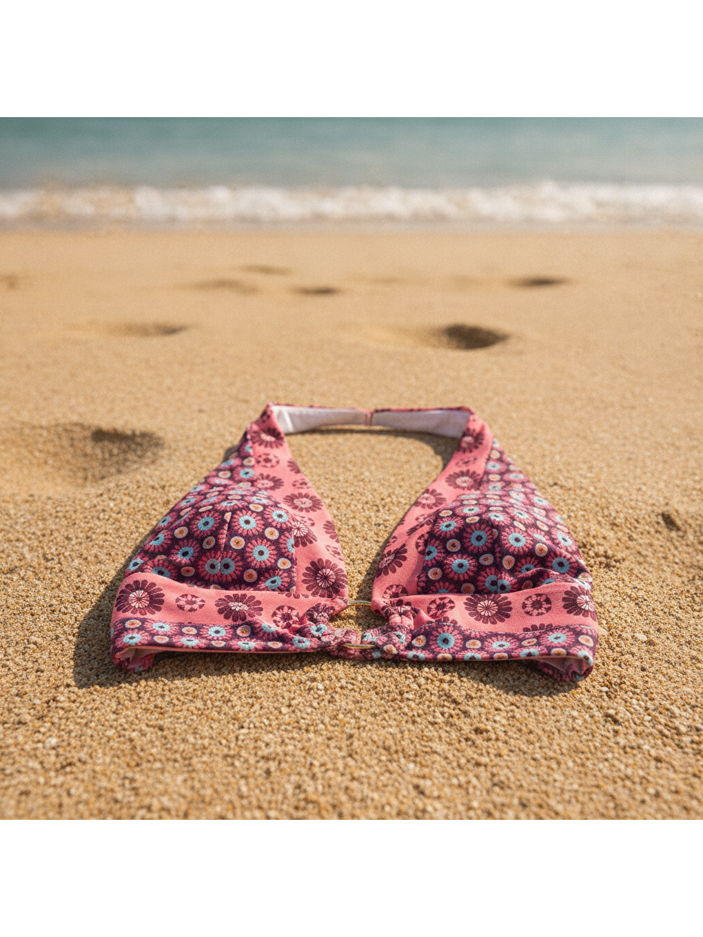 Karışık Kadın Plaj Giyim Gül Kurusu Çiçek Desenli Boyundan Geçmeli Bikini Üst Bb2559-2