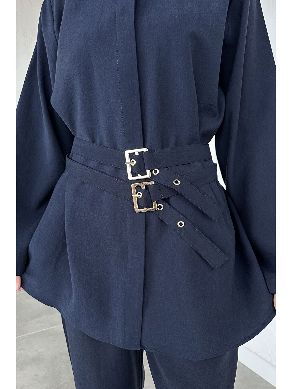 Lacivert Bel Çift Kemerli Tunik Pantolon Tesettür İkili Takım-8