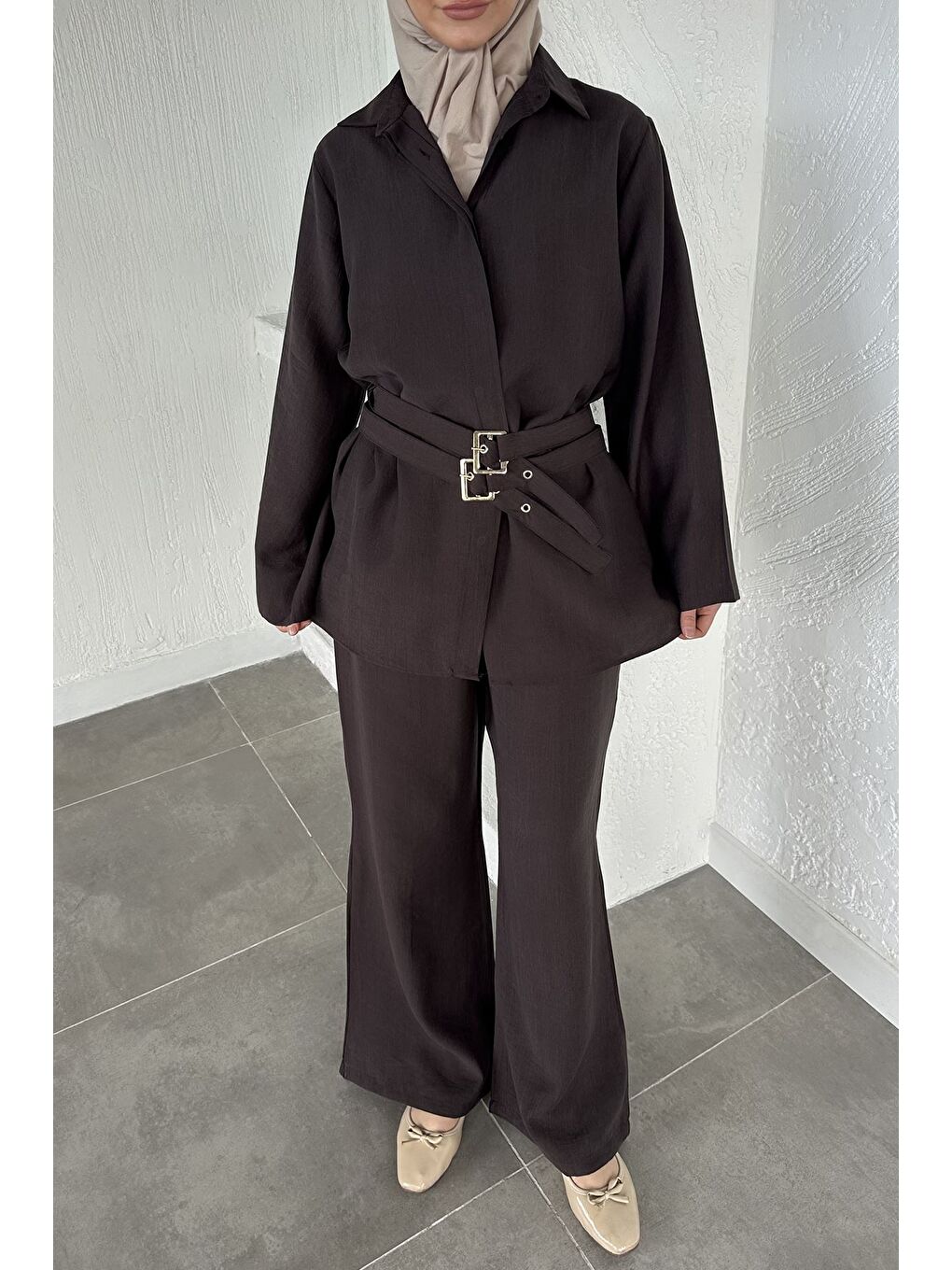 Kahverengi Bel Çift Kemerli Tunik Pantolon Tesettür İkili Takım-6
