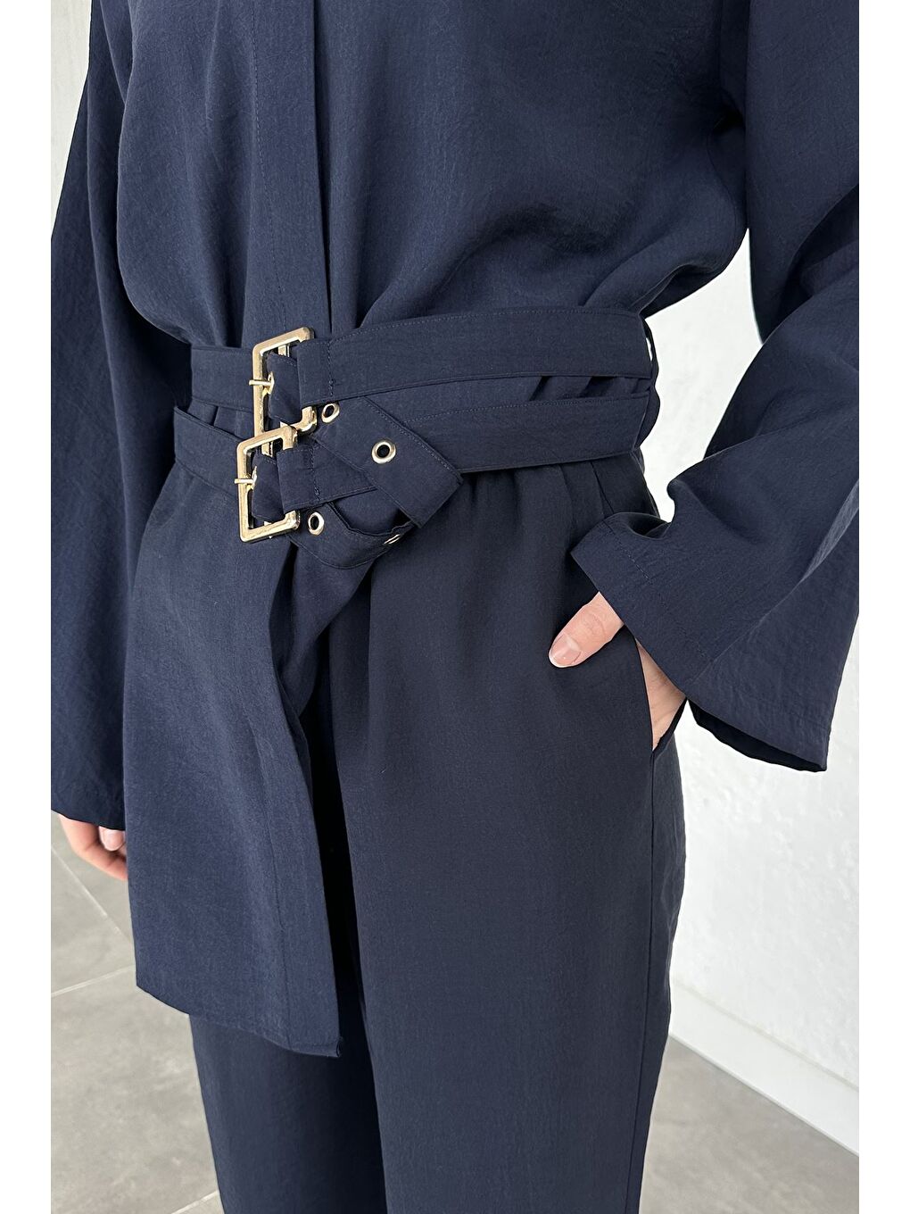 Lacivert Bel Çift Kemerli Tunik Pantolon Tesettür İkili Takım-10