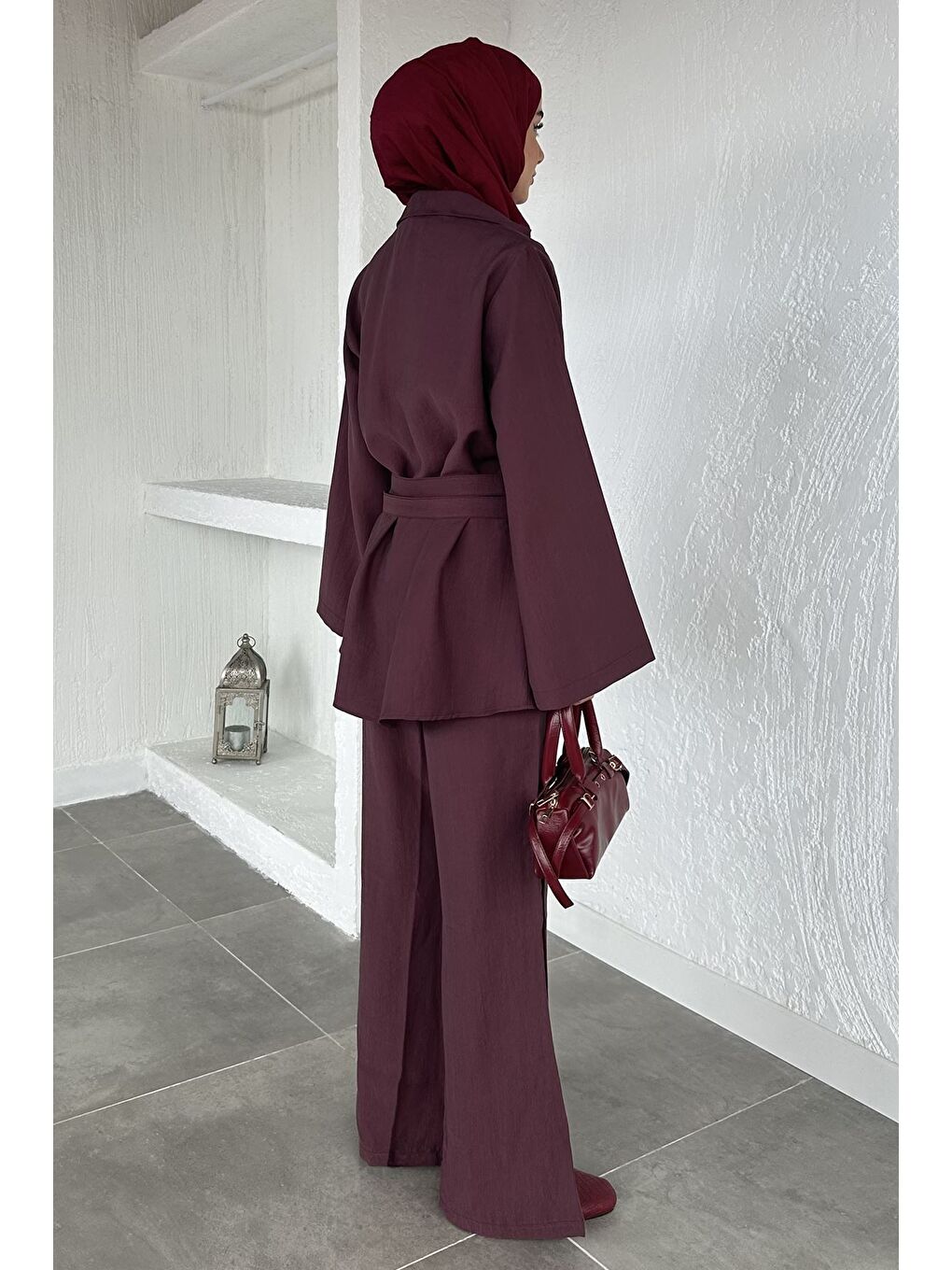 Bordo Bel Çift Kemerli Tunik Pantolon Tesettür İkili Takım-7