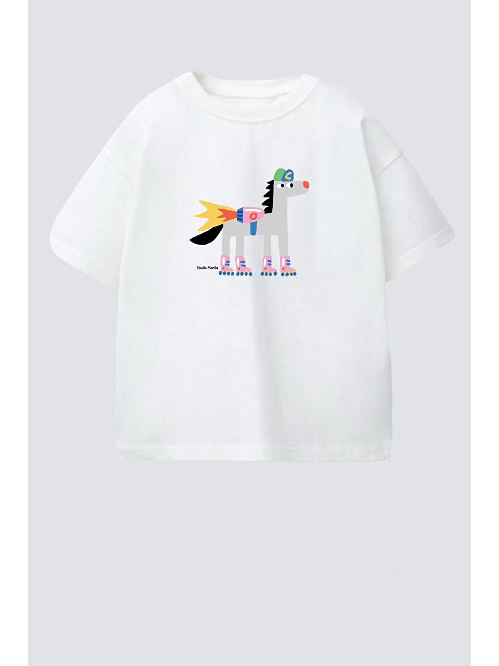 Ekru Unisex Çocuk Pamuklu Bisiklet Yaka Baskılı T-Shirt