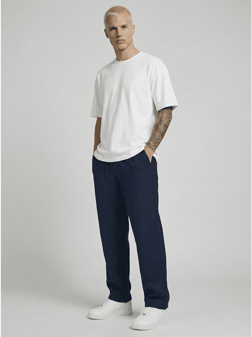 Erkek Pileli Rahat Kesim Viskon Kumaş Yazlık Kumaş Pantolon Lacivert-1