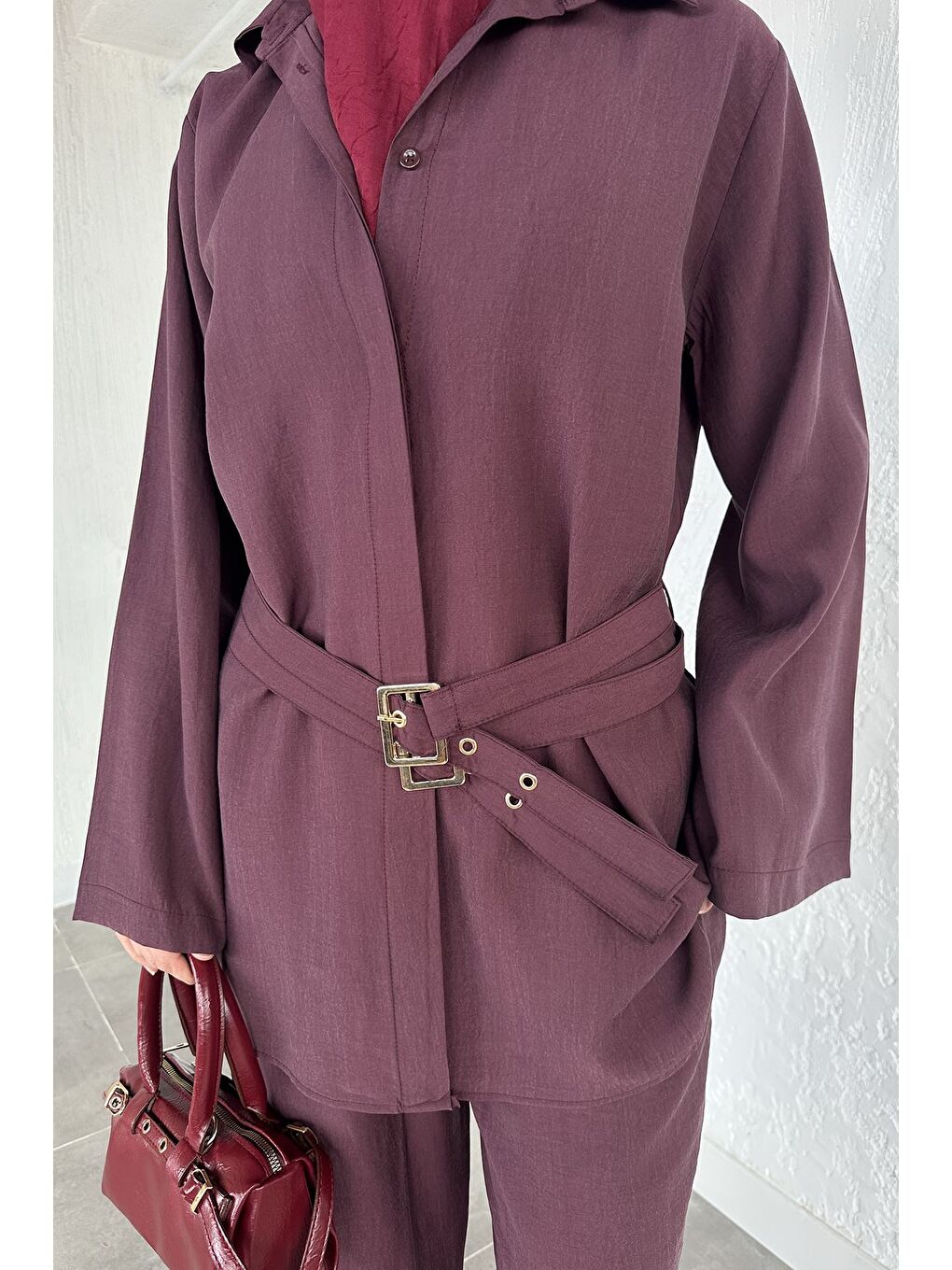 Bordo Bel Çift Kemerli Tunik Pantolon Tesettür İkili Takım-8
