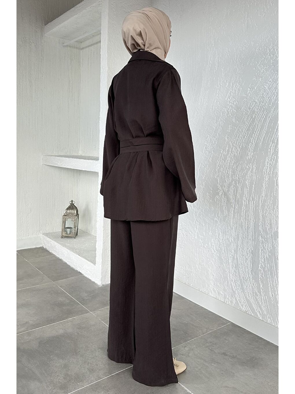 Kahverengi Bel Çift Kemerli Tunik Pantolon Tesettür İkili Takım-9