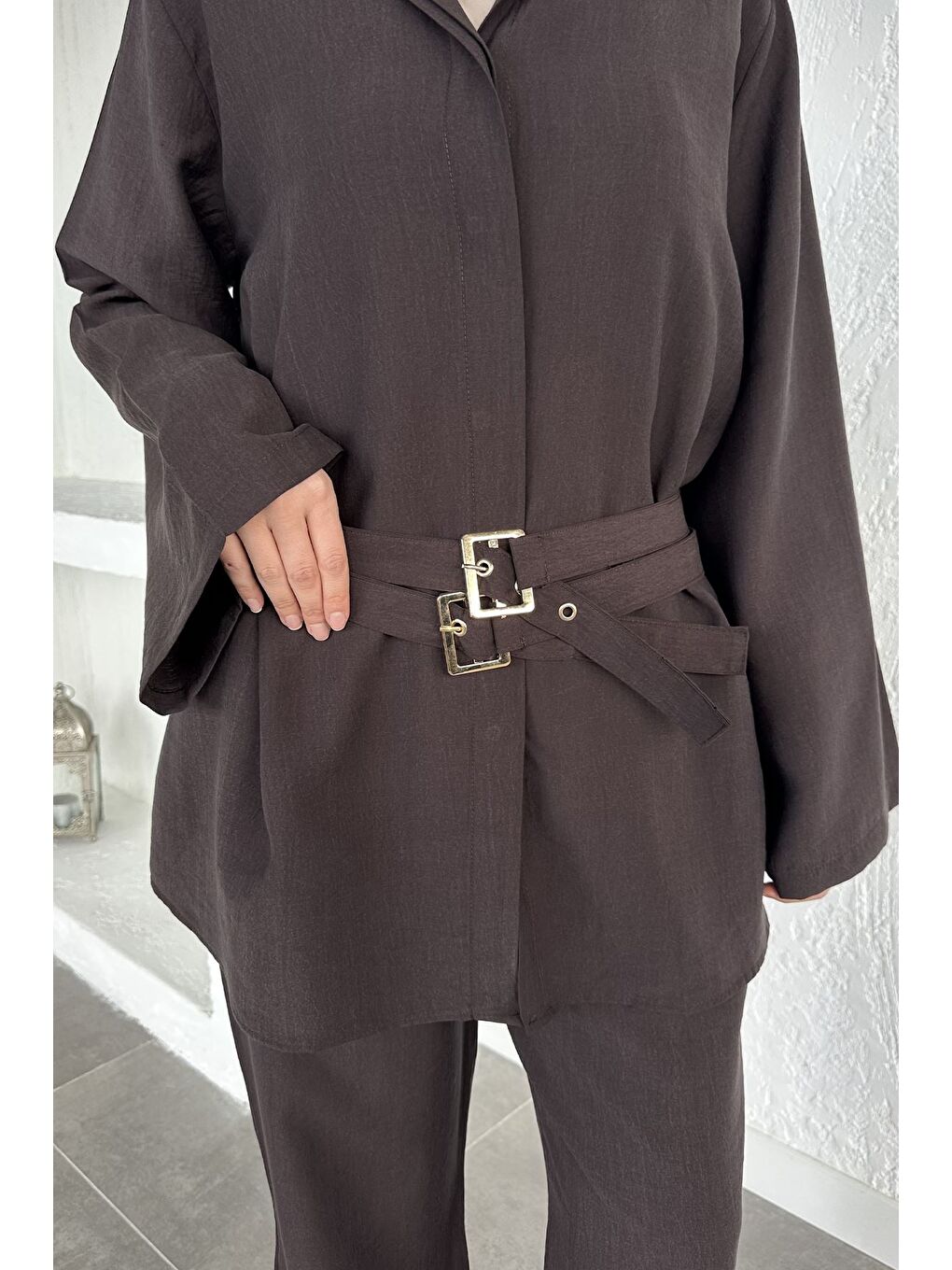 Kahverengi Bel Çift Kemerli Tunik Pantolon Tesettür İkili Takım-11