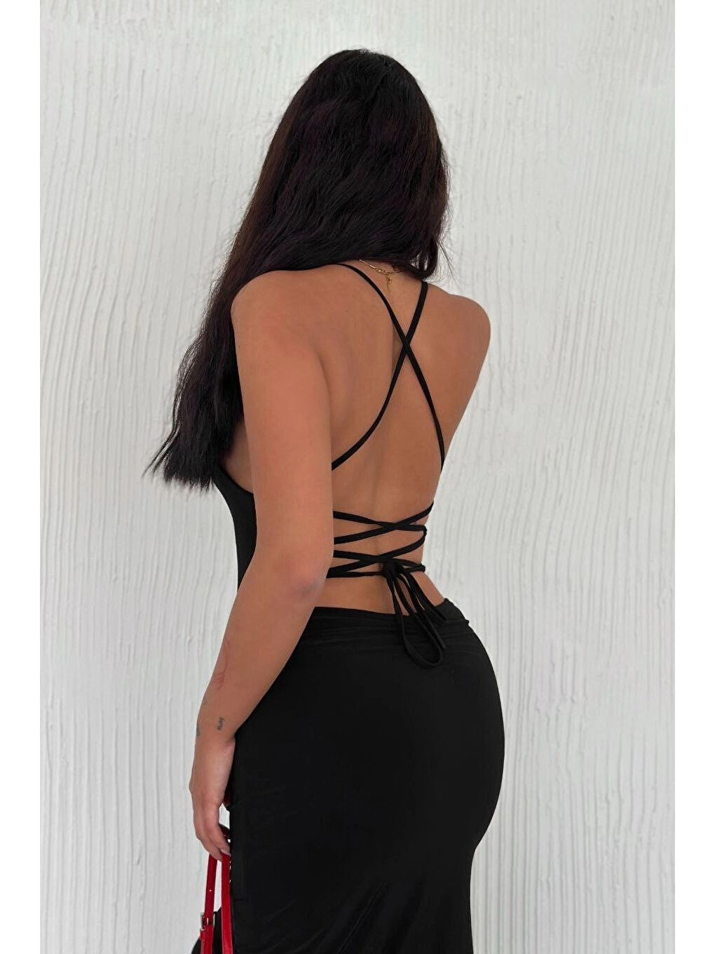 Kadın Siyah Uzun Sırt Dekolte Elbise 3708-1