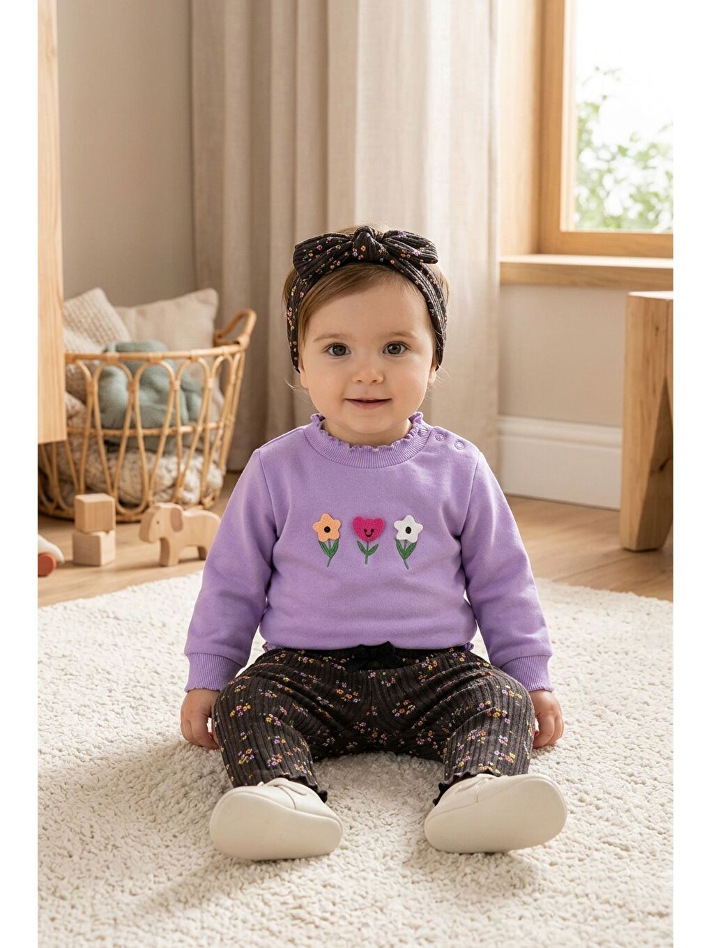 Lila Kız Bebek Pamuklu Eşofman Takımı Saç Bandanalı İki İplik Rahat Kalıp-1